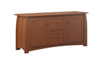 A Mission style 6-drawer dresser in solid wood with gold-finished metal drawer pulls and tapered legs, shown on a white background.