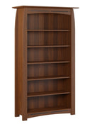 A tall, five-shelf wooden bookcase with a warm medium-brown finish and subtle dark inlay details near the top and bottom, shown against a plain white background.