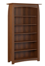 A tall, five-shelf wooden bookcase with a warm medium-brown finish and subtle dark inlay details near the top and bottom, shown against a plain white background.