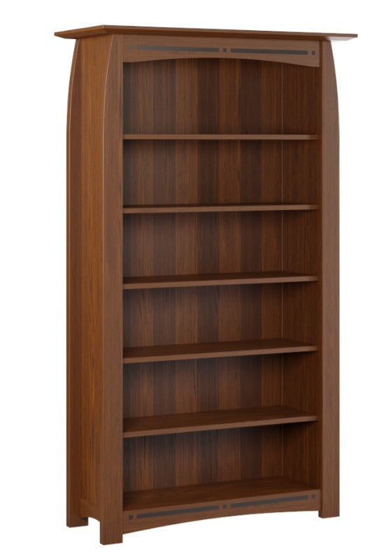 A tall, five-shelf wooden bookcase with a warm medium-brown finish and subtle dark inlay details near the top and bottom, shown against a plain white background.