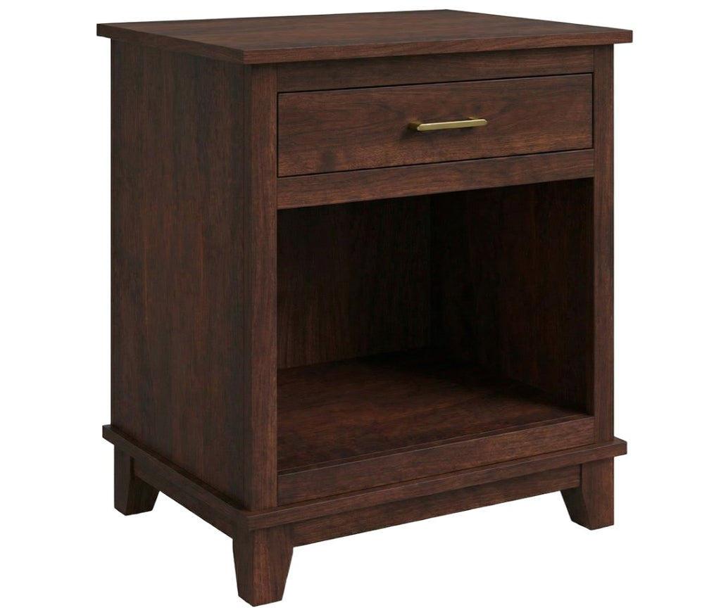 A dark brown wooden nightstand with a single drawer featuring a brass pull handle and an open lower shelf, shown on a plain white background.