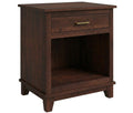 A dark brown wooden nightstand with a single drawer featuring a brass pull handle and an open lower shelf, shown on a plain white background.