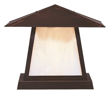 Decorative outdoor light fixture with a brown finish on a white background