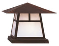 Decorative outdoor light fixture with a brown roof and white glass on a white background