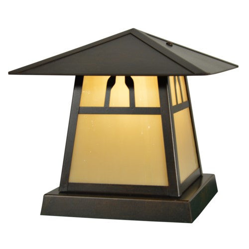 Decorative outdoor column post lamp with a black roof and gold glass on a white background