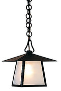 Black pendant light with a white glass shade on a white background