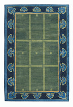 Rug with blue border and geometric pattern