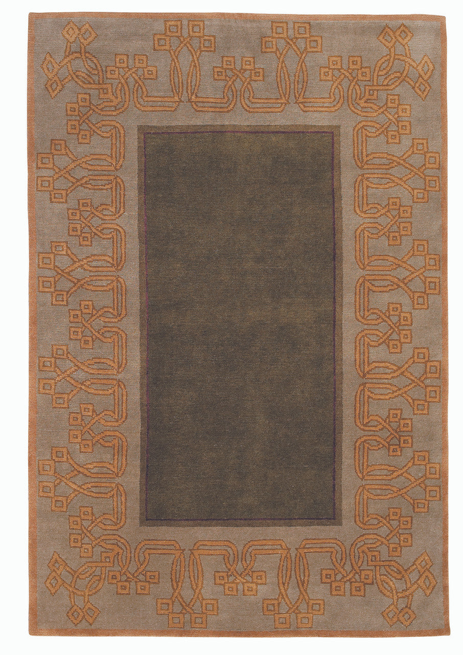 Craftsman Rose and Wisteria Spice hand-knotted wool area rug with spice-red border, sage green field, and floral vine motif in plum, lavender, and goldenrod — Arts and Crafts style, made in Nepal
