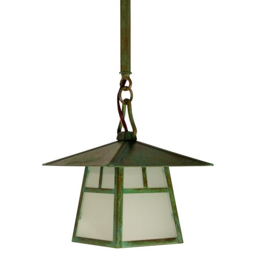 Green pendant light with stained glass on a white background