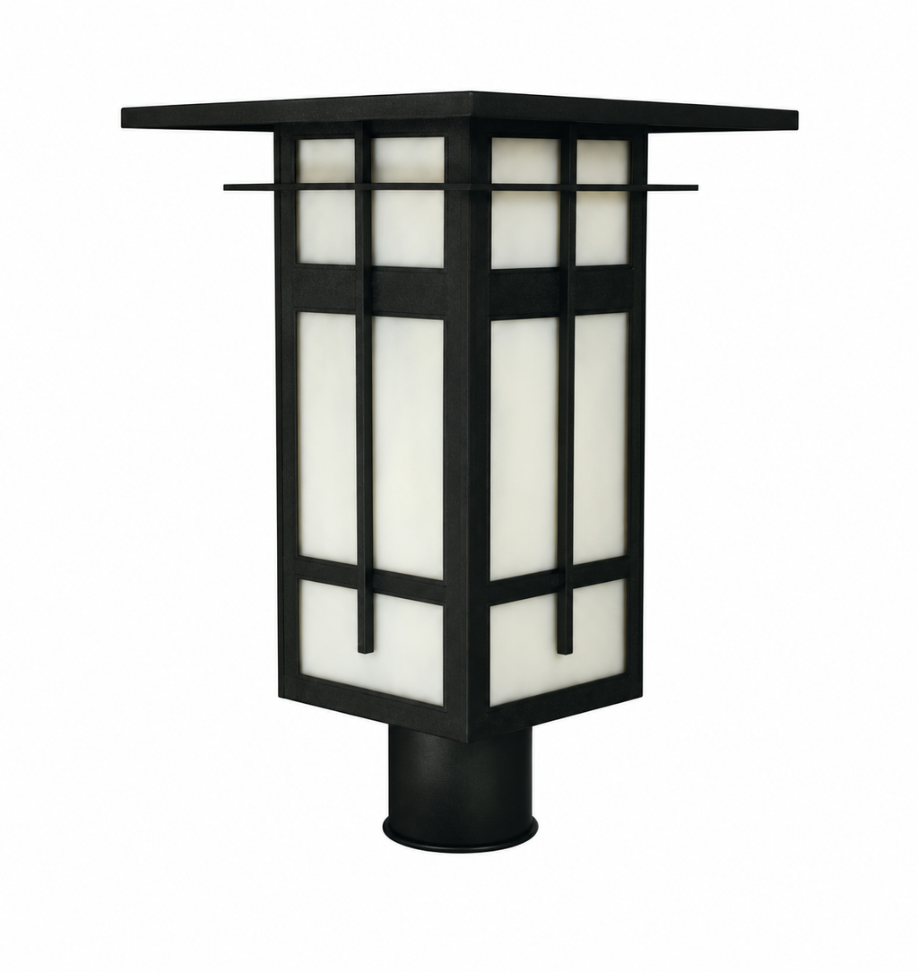 A modern outdoor post cap light fixture with a black metal frame and white frosted glass panels, shown against a plain white background.