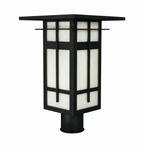 A modern outdoor post cap light fixture with a black metal frame and white frosted glass panels, shown against a plain white background.
