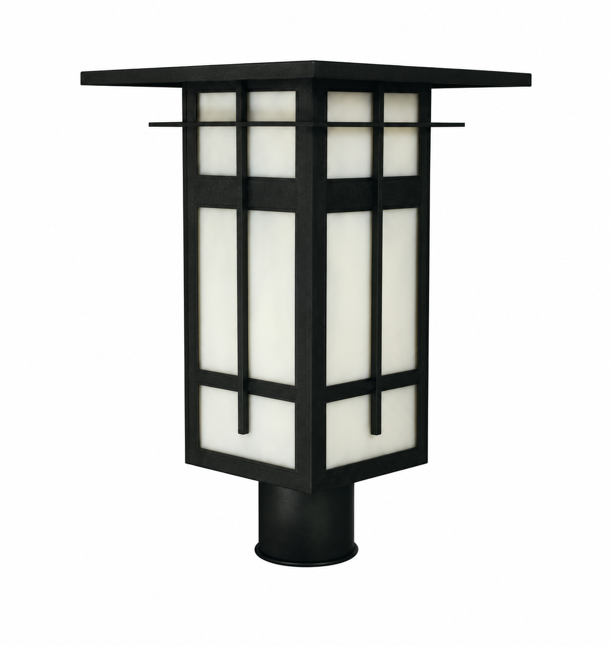 A modern outdoor post cap light fixture with a black metal frame and white frosted glass panels, shown against a plain white background.