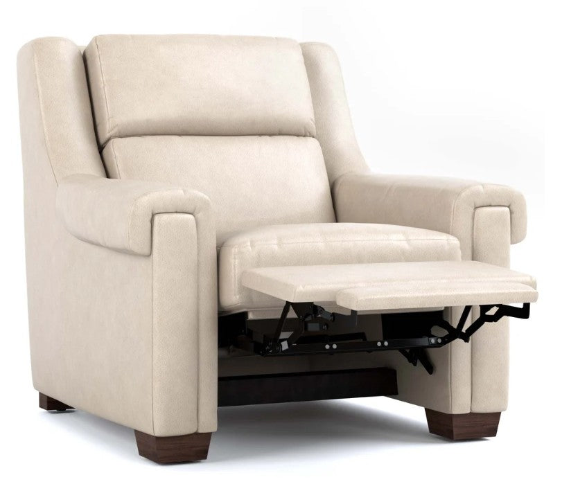 A beige upholstered recliner chair with the footrest extended, shown on a clean white background.