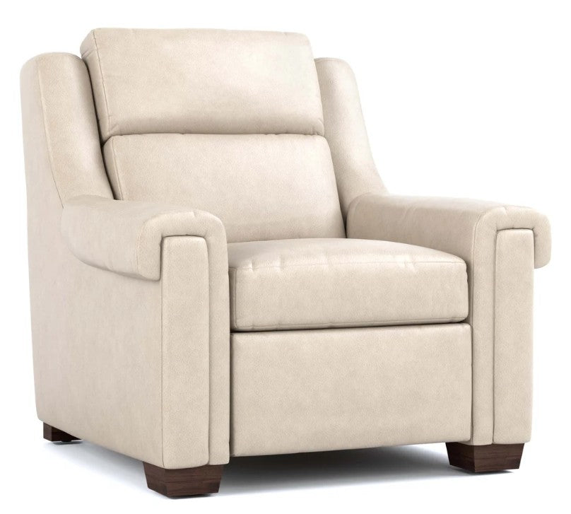 A high-back upholstered armchair in a light beige fabric, featuring dark brown wooden feet, shown against a plain white background.