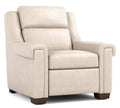 A high-back upholstered armchair in a light beige fabric, featuring dark brown wooden feet, shown against a plain white background.