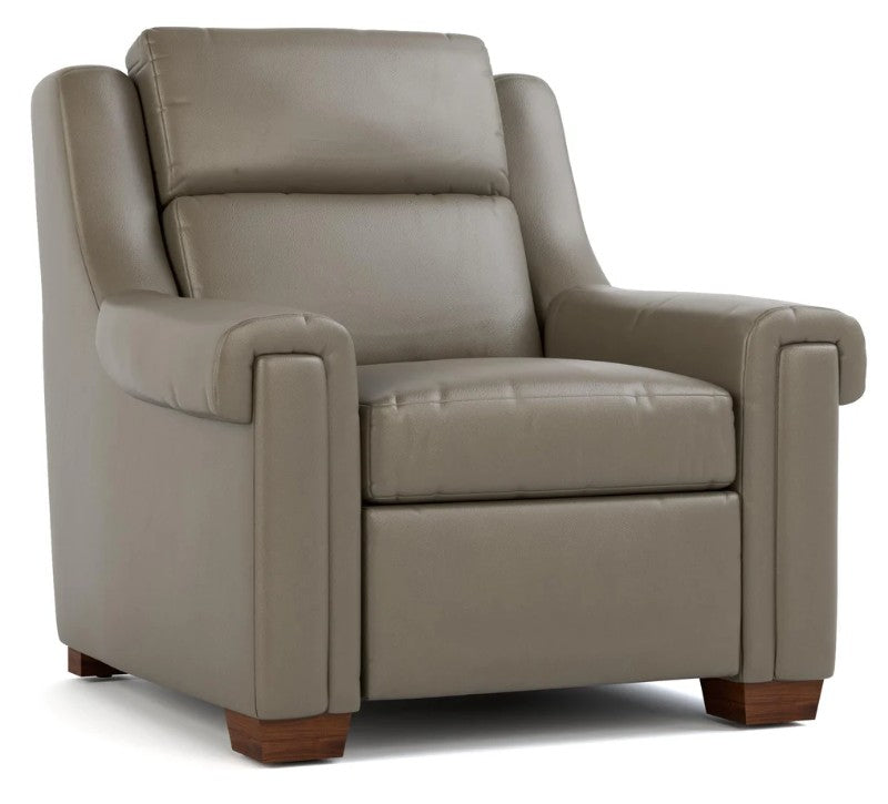 A taupe leather recliner armchair with a high back, wide armrests, and dark brown wooden feet, shown from a three-quarter angle on a white background.