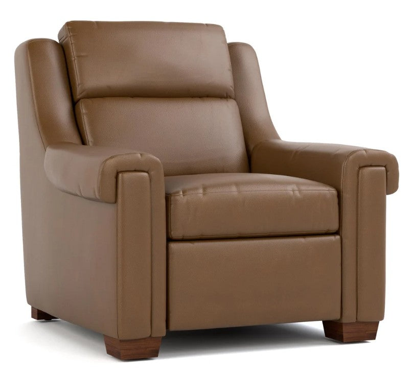 A brown leather armchair with a high back, wide armrests, and dark wooden feet, shown on a plain white background.