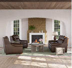 A styled living room featuring a dark brown leather club chair, matching armchair, and three-seater sofa arranged around a low ribbed coffee table on a green patterned rug. The room has a stone fireplace, arched windows, and a wood ceiling.