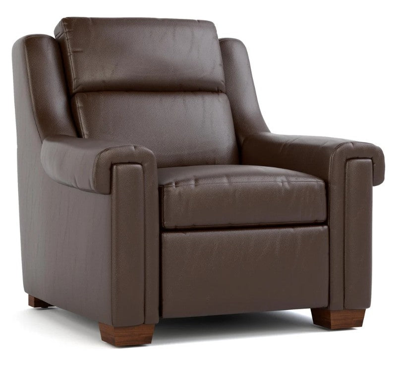 A brown leather recliner armchair with a high back, wide armrests, and wooden feet, shown on a plain white background.
