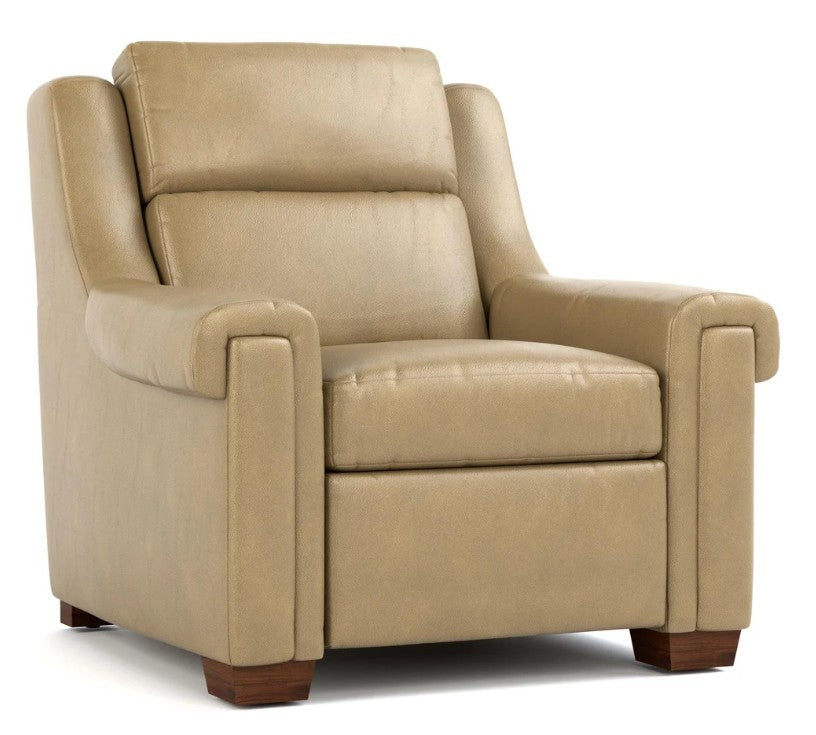 A beige upholstered recliner armchair with a high back, wide armrests, and dark wood feet, shown on a plain white background.