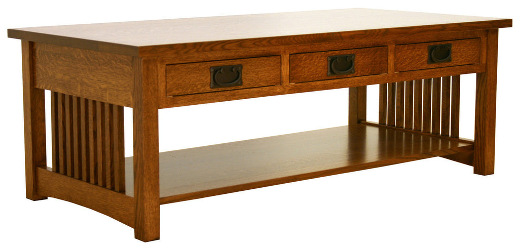 Wooden table with three drawers and a shelf on a white background