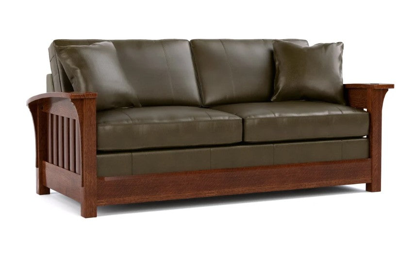 A two-seater sofa with dark brown wooden arms and frame, upholstered in dark olive green leather, shown on a plain white background.