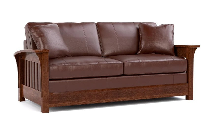A brown leather loveseat sofa with a wooden frame, featuring two back cushions and two side armrests, shown on a plain white background.