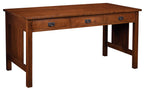 Stickley work table in oak wood desk with three drawers.