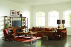 Living room with wooden furniture, TV, and decor