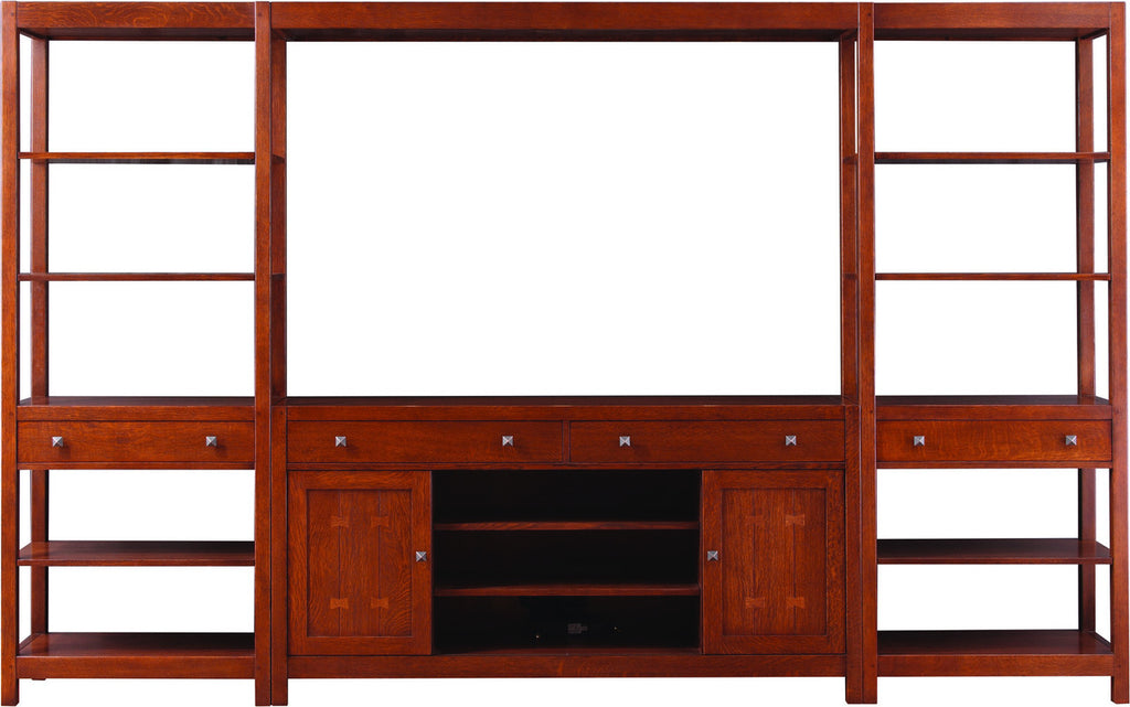 Wooden entertainment center with shelves and a TV panel on a white background
