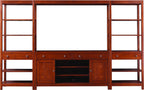 Wooden entertainment center with shelves and a TV panel on a white background