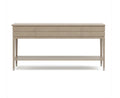 Light wood console table with drawers on a white background