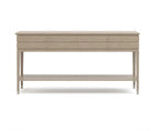 Light wood console table with drawers on a white background