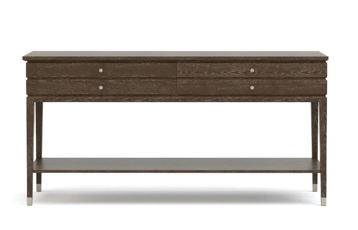 Wooden console table with drawers on a white background