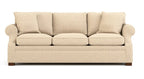 A three-seater loveseat sofa upholstered in a textured beige fabric, featuring rolled arms, four matching back cushions, and a low-profile rectangular base with dark wood feet, shown against a plain white background.
