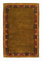 Rectangular green rug with a decorative border on a white background