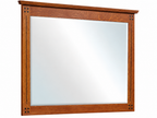 A square wall mirror with a warm medium-brown wooden frame featuring decorative corner brackets, shown against a plain white background.