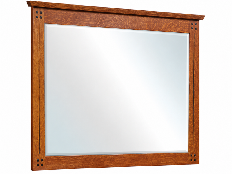 A square wall mirror with a warm medium-brown wooden frame featuring decorative corner brackets, shown against a plain white background.