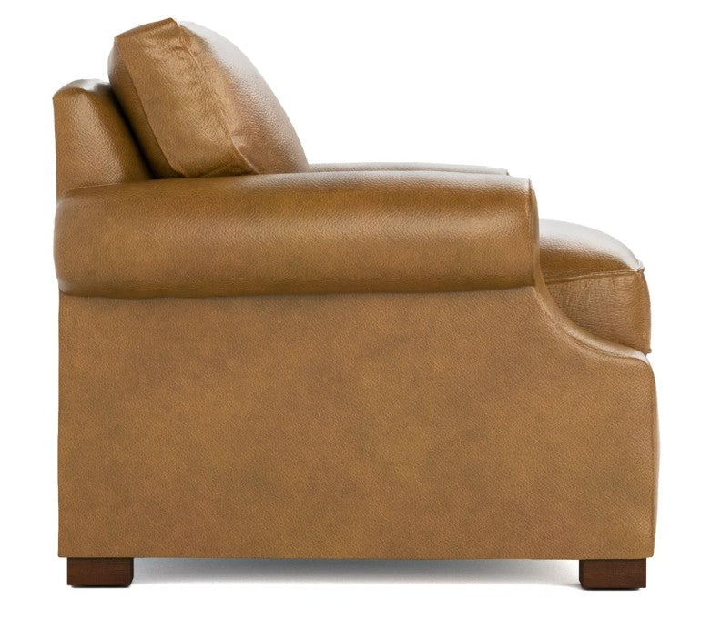 A tan leather armchair shown from a side angle against a plain white background.