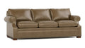 A three-seater leather sofa in a warm taupe-brown color, featuring rolled arms, deep seat cushions, and nailhead trim along the front, shown against a plain white background.