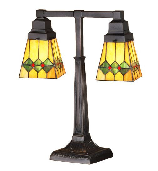 Tiffany-style double lamp with stained glass shades on a white background