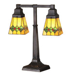 Tiffany-style double lamp with stained glass shades on a white background