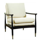 Beige armchair with dark wooden frame on a white background