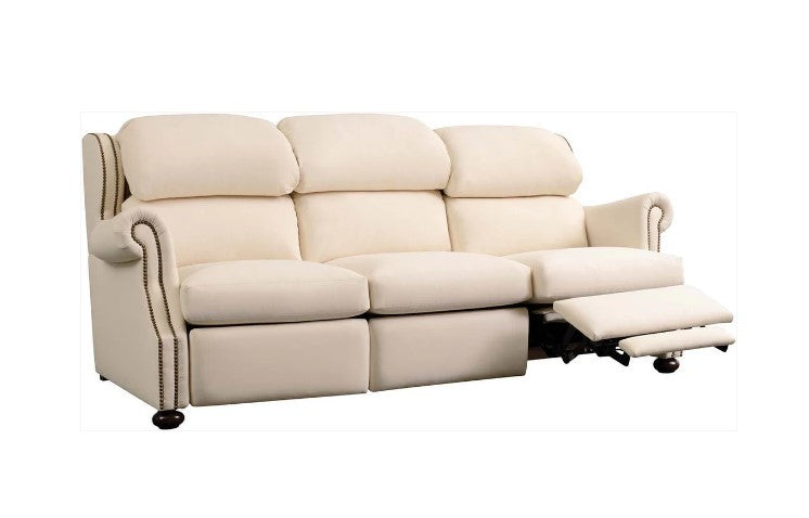 Beige sofa with reclining feature on a white background