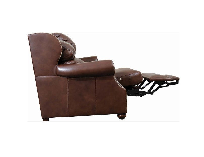 Brown leather recliner chair with ottoman on a white background