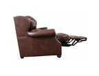 Brown leather recliner chair with ottoman on a white background