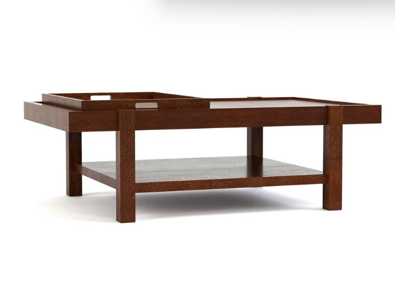 A modern wooden coffee table with a dark brown finish, featuring a top tray, a lower shelf, and a rectangular inset on the right side, shown against a plain white background.