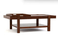 A modern wooden coffee table with a dark brown finish, featuring a top tray, a lower shelf, and a rectangular inset on the right side, shown against a plain white background.