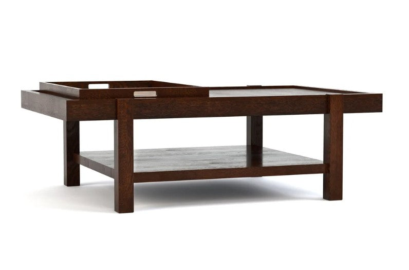 A dark brown wooden coffee table with a rectangular top, a lower shelf, and a recessed tray or lift-out section on top, shown against a plain white background.
