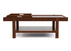 A dark brown wooden coffee table with a lower shelf and a built-in tray on the left side, photographed against a plain white background.